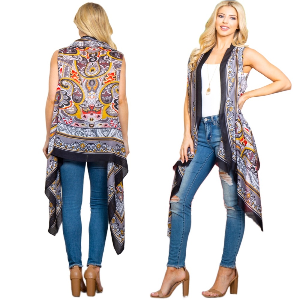 Linen Boho Paisley Kimono Cardigan Flowy Lightweight Summer Layer Vacation Wear